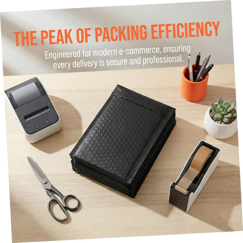 60 Pack Black Self-Sealing Bubble Mailers With Tear-Resistant PET Padding For Electronics And Cosmetics on desk