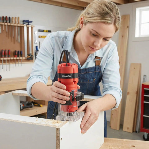 800W Palm Router Tool For Woodworking in action with 12 piece 1/4 inch bit set, woman routing wood edge, durable aluminum build
