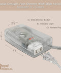 Clear view of a Royal Designs foot dimmer with slide switch, indicator light, and female plug-in port.