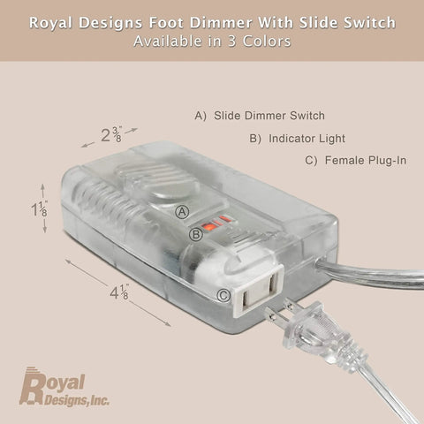 Clear view of a Royal Designs foot dimmer with slide switch, indicator light, and female plug-in port.