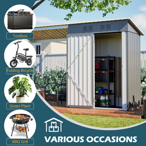 5x3 Ft Outdoor Storage Shed And Gazebo Combo With Lean To Metal Frame All Weather 2 In 1 Garden Shed And Gazebo Open Pergola Sloping Roof Lockable Door For Backyard Patio Lawn Gray, showing various items stored inside.
