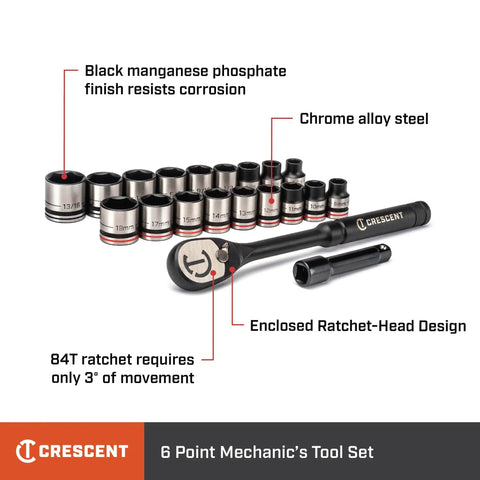 20 Piece X10 3 8 Inch Drive 6 Point Mechanics Tool Set For SAE And Metric With Crestoloy Alloy Steel Black Manganese Finish