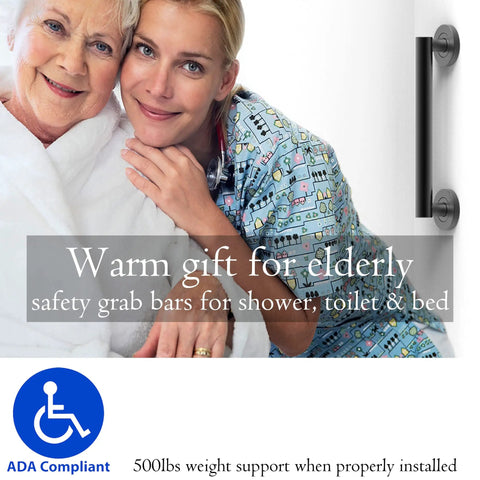Stainless Steel Designer Bath Grab Bar One And One Quarter Inch By 24 Inch Matte Black Heavy Duty ADA Compliant 500 LB Load Capacity Safe Grip For Shower And Tub, shown with elderly person and caregiver