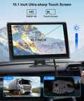 10.1 inch HD touch screen displaying mountain view for Wired RV Camera System With 5 1080P Waterproof Backup Cameras 360 Degree View On Screen DVR Bluetooth CarPlay Android Auto 10.1 Inch HD Touch Screen For Big Rig Trailer Camper Motorhome
