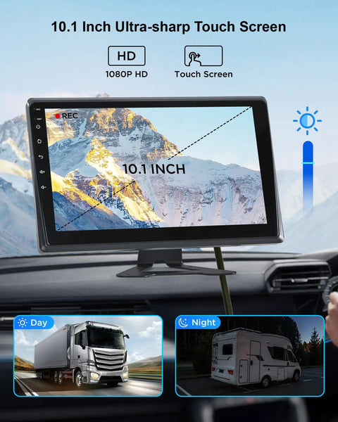 10.1 inch HD touch screen displaying mountain view for Wired RV Camera System With 5 1080P Waterproof Backup Cameras 360 Degree View On Screen DVR Bluetooth CarPlay Android Auto 10.1 Inch HD Touch Screen For Big Rig Trailer Camper Motorhome