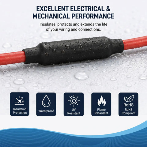 Waterproof feature of Seven Size Do It All Heat Shrink Tubing Roll Kit With Five To One Adhesive Lined Inner Seal visible with droplets