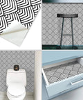 Black And White Peel And Stick Wallpaper With Geometric Chevron And Herringbone Pattern For Walls And Cabinets Self Adhesive Vinyl Decor Easy DIY Removable Modern Minimalist Home Remodel, shown on walls, drawers, and close-up.