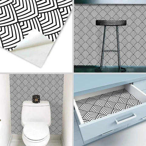 Black And White Peel And Stick Wallpaper With Geometric Chevron And Herringbone Pattern For Walls And Cabinets Self Adhesive Vinyl Decor Easy DIY Removable Modern Minimalist Home Remodel, shown on walls, drawers, and close-up.