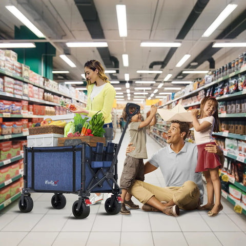 Collapsible Wagon Cart With Big Wheels And Brakes 250 Pound Capacity in a grocery store, filled with food items, people shopping