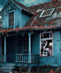 Haunting Halloween Window Curtain With 16.4 Ft LED Lights, Creepy Clown Backdrop and Joker Poster Decor creating spooky atmosphere
