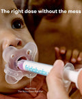 Baby using MediFrida medicine dispenser, part of the All In One Baby Health Care On The Go Travel Kit With NoseFrida Snotsucker Rectal Thermometer MediFrida Medicine Dispenser And Portable Carrying Case Ideal Gift Set For Parents