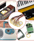 Collage of 20 Piece Piezo Pickup Kit with 27mm piezo discs, contact microphones, and drum trigger elements for acoustic instruments.