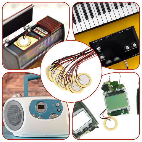 Collage of 20 Piece Piezo Pickup Kit with 27mm piezo discs, contact microphones, and drum trigger elements for acoustic instruments.