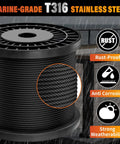 Black T316 Stainless Steel Cable for Railing, One Eighth Inch Wire Rope, 500 Feet Roll, marine grade, displayed on spool