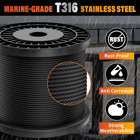 Black T316 Stainless Steel Cable for Railing, One Eighth Inch Wire Rope, 500 Feet Roll, marine grade, displayed on spool