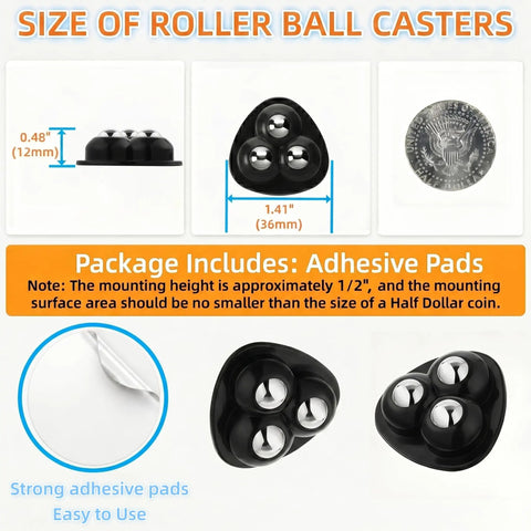 8 Pack Low Profile Adhesive Casters Delivers Smooth Cruising Action For Kitchen Heavyweights Like Blenders And Air Fryers With No Sweat Rolling Setup And Straight Up Dependable Grip In Matte Black, showing size and design details.