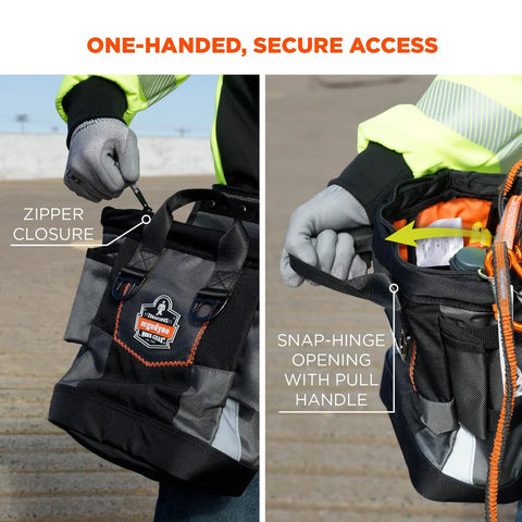 Arsenal 5517 Premium Topped Tool Pouch with Zipper featuring pocket details and harness attachment. Ideal for tool storage.