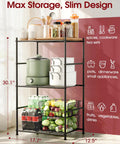 Three Tier Metal Storage Shelf Organizer For Small Spaces With Adjustable Feet Space Saving Heavy Duty Shelving Unit For Kitchen Garage And Laundry Room Each Shelf Supports Up To 100 Lbs Black, shown with kitchen items.