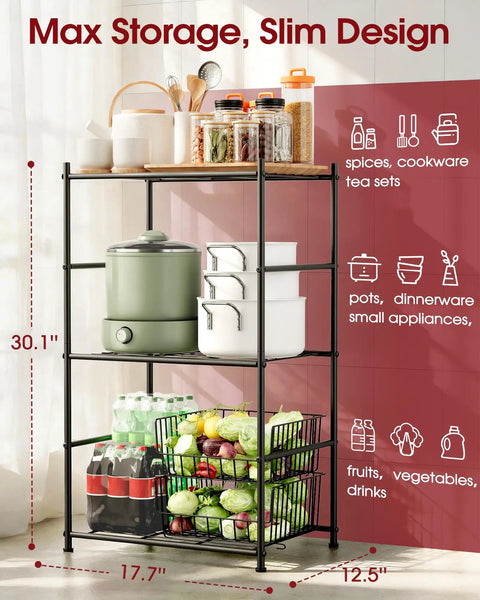 Three Tier Metal Storage Shelf Organizer For Small Spaces With Adjustable Feet Space Saving Heavy Duty Shelving Unit For Kitchen Garage And Laundry Room Each Shelf Supports Up To 100 Lbs Black, shown with kitchen items.