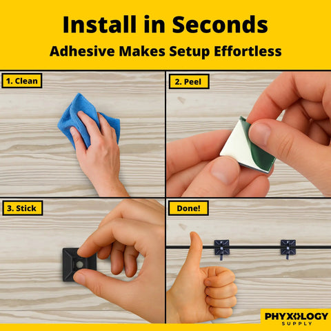 Step-by-step installation of Adhesive-Backed Cable Tie Mounts 100 Pack, UV Black 1.1 x 1.1 Inch Bases on surface.