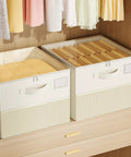 Plus Size 2 Pack Shoe Organizer For Closet Featuring Foldable Fabric Boxes Holds A Massive 24 Pairs Vertically, beige fabric organizers on shelf.