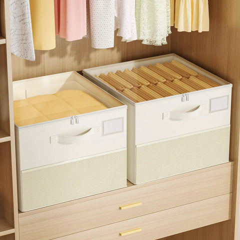 Plus Size 2 Pack Shoe Organizer For Closet Featuring Foldable Fabric Boxes Holds A Massive 24 Pairs Vertically, beige fabric organizers on shelf.