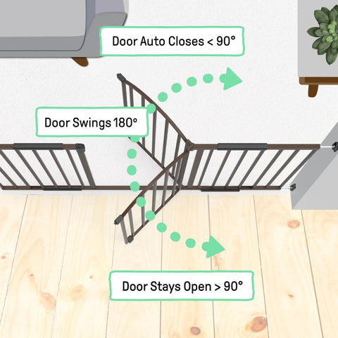 Extra Wide Baby Gate And Dog Gate For Hallways And Large Openings, Fits 44 To 72 Inch Openings, 36 Inch Tall, Hardware Mounted, Sturdy Bronze Finish Safety Gate For Pets And Kids showing 180-degree swing.