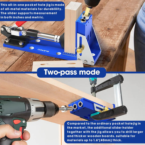 All Metal Pocket Hole Jig Drill Guide Kit For 15 Degree Angled Holes, used in two-pass mode to drill larger boards.