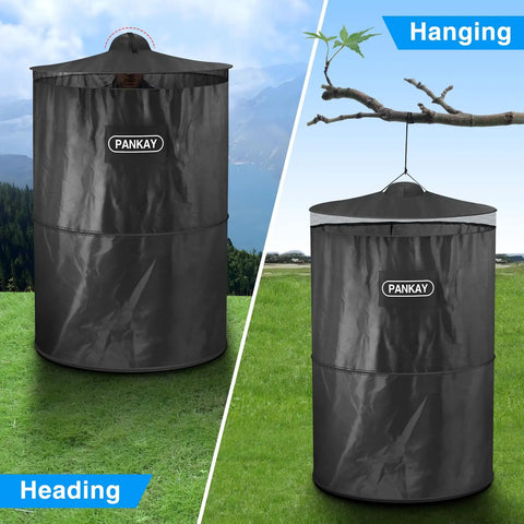 Portable Pop Up Privacy Tent For Camping And Emergencies, shown freestanding and hanging from a branch on grassy terrain.