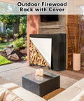 4Ft Outdoor Firewood Rack With Cover, Heavy Duty Square Steel Stand, Weatherproof Wood Storage Holder near patio seating