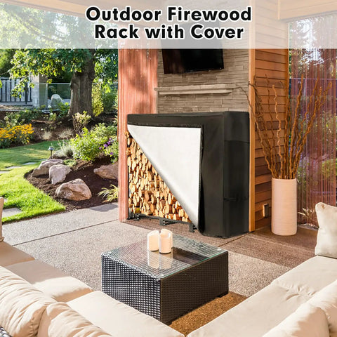 4Ft Outdoor Firewood Rack With Cover, Heavy Duty Square Steel Stand, Weatherproof Wood Storage Holder near patio seating