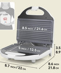 AshGlen White Ceramic Mini Panini Press Grill dimensions showing cooking area and compact design for quick healthy meals.