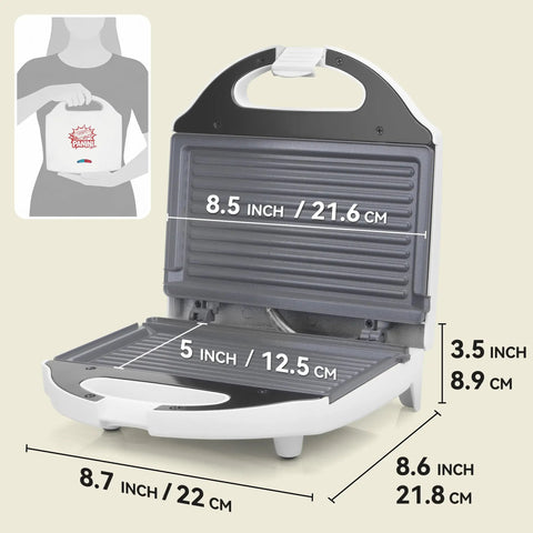 AshGlen White Ceramic Mini Panini Press Grill dimensions showing cooking area and compact design for quick healthy meals.
