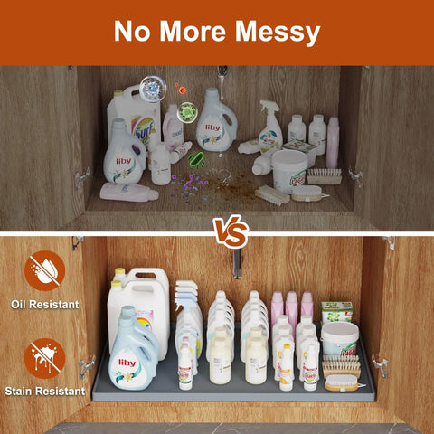 Comparison of a cabinet before and after using Leakproof Silicone Mat With Raised Edge Extra Thick Under Sink Mat for neat storage.