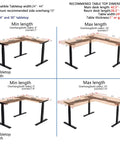 Recommended dimensions for Vwine Vj301 L Shaped Electric Height Adjustable Standing Corner Desk Frame with triple motor support.