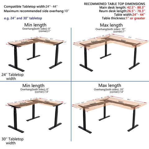 Recommended dimensions for Vwine Vj301 L Shaped Electric Height Adjustable Standing Corner Desk Frame with triple motor support.