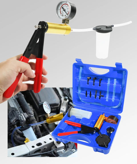 Universal Brake Bleeder Kit With Handheld Vacuum Pump And Full Adapter Tray Shop Approved Tool in blue case with additional parts.