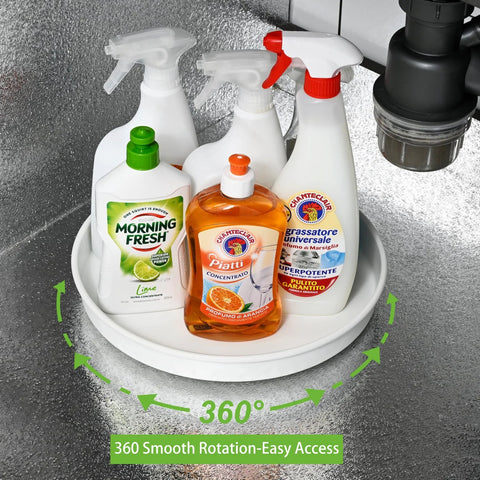 Front view of white 10-inch round Lazy Susan turntable with three cleaning spray bottles on rotating tray (3-pack)