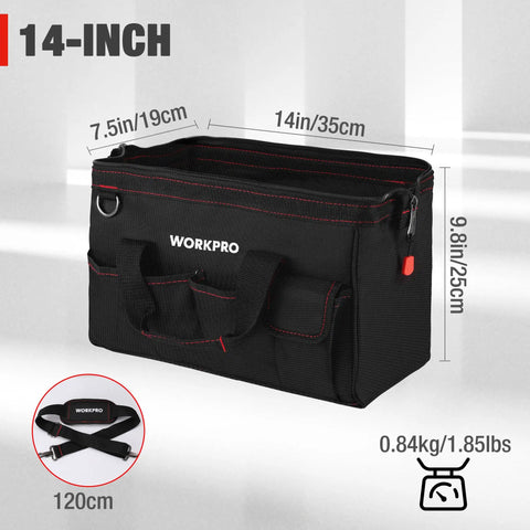 14 Inch Tool Bag With Adjustable Shoulder Strap Multi Pocket Tool Organizer in black polyester for hammers and wrenches.
