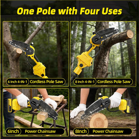 Cordless Pole Saw 4-In-1 With Dual 6-Inch And 8-Inch Bars And 180 Degree Rotatable Trimmer, Brushless Motor, cutting wood