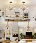 Modern Gold Chandelier Vintage Brass Flower Glass Pendant Light Mid Century Ceiling Lamp in dining room, living room, and bedroom settings.