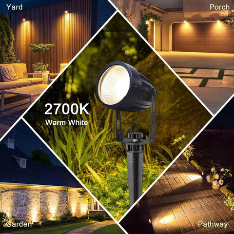 Low Voltage Landscape Lighting Kit 6 Pack 12V LED Outdoor Spotlights With Plug In Transformer illuminating garden and paths