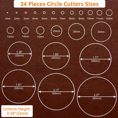 Dope 24 Piece Leather Circle Cutter Set With Pro Hole Punch Tools For 1Mm To 15Mm And 20 To 60Mm Diameters size guide on leather