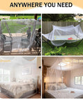 Ultra Fine Bed Mosquito Net For Single To Queen Size Beds With One Side Opening Breathable Mesh Insect Barrier For Bedroom Outdoor Patio Camping Travel Keeps Tiny Mosquitoes Out While Air Flows, shown on balcony, chair, bedroom, and inside a car.
