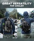 Angler wearing Waterproof Fishing Backpack With Tackle Boxes, Pliers, Lip Gripper, Lures And Rod Holder by a river