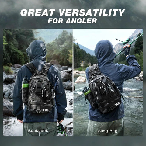 Angler wearing Waterproof Fishing Backpack With Tackle Boxes, Pliers, Lip Gripper, Lures And Rod Holder by a river