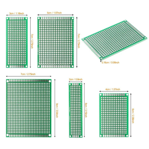40 Pack Prototyping Printed Circuit Boards Kit With Five Size Universal Perforated Solderable Proto Boards For DIY Electronics Projects Plated Through Holes For Easy Soldering shown with different board sizes.