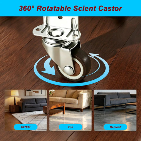 Smooth Rollin 1.25 Inch Rubber Side Mount Caster Wheels L Shaped Plate 360 Swivel Casters on wood floor with carpet and tile images.