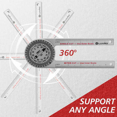 Precision Miter Angle Finder With Dual Rulers For Crown Molding And Baseboard Carpentry shows 360° gauge and measurement scales.