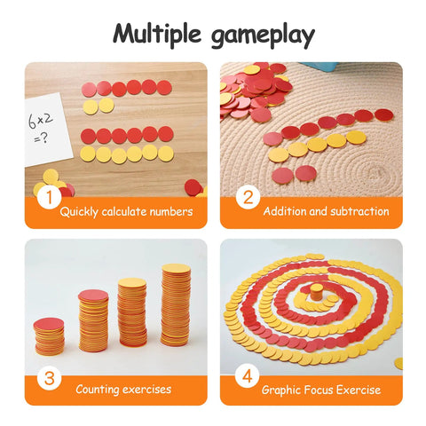 Double Sided Plastic Math Counters For Kids 800 Piece Set Two Color Red Yellow Counting Disks in various gameplay scenarios.